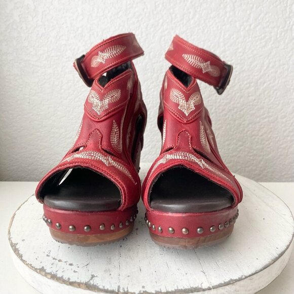 Lane Boots LEXINGTON Womens Red Wedges 9 Western Sandals Cowgirl Wooden Heels - Picture 5 of 11